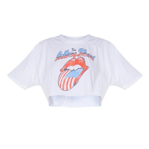 PrettyLittleThing Tops - White Rolling Stones Cropped Top